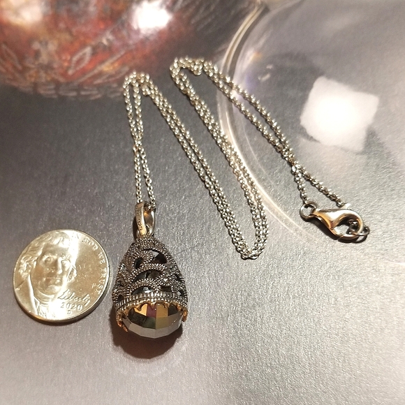 VTG Designer signed MARC Hematite Marcasite Egg Pendant Necklace - Picture 3 of 7